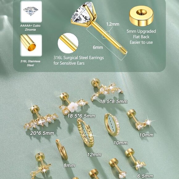 16 Gauge Cartilage Earrings for Women Flat Back-Hypoallergenic Surgical Stainles - Picture 2 of 9